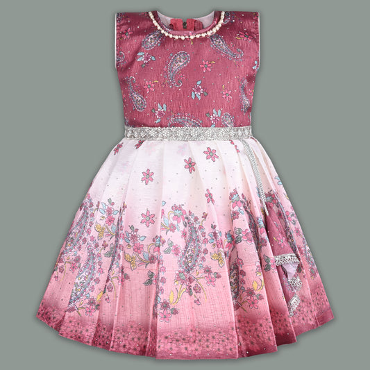 Girls Embellished Printed Flared Premium Ethnic Dress