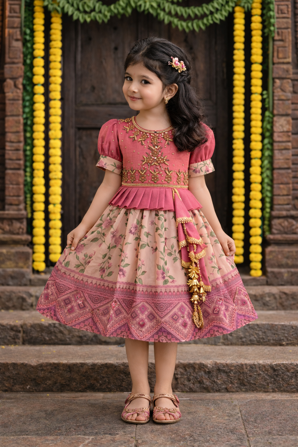 Girls Bead Embellished Printed Silk Ethnic Dress