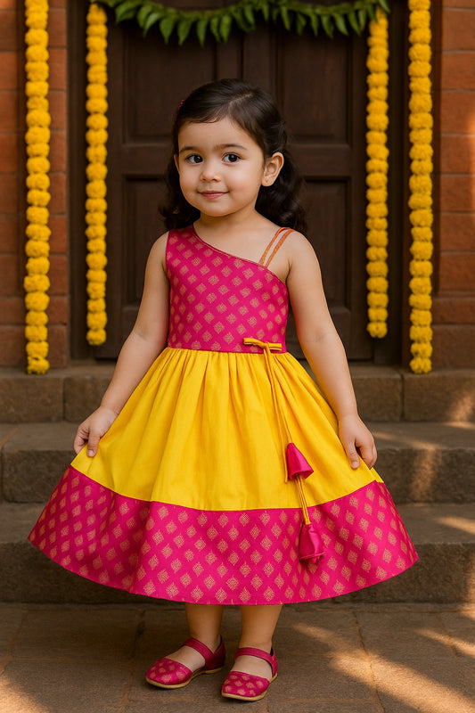 Girls One Shoulder Satin Flared Ethnic Dress