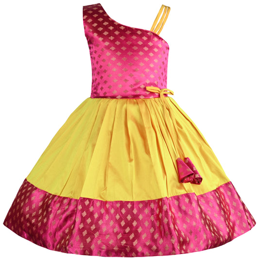 Girls One Shoulder Satin Flared Ethnic Dress