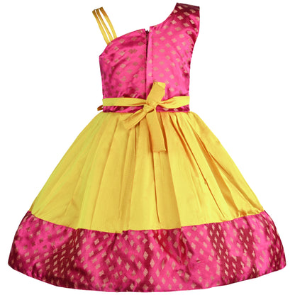 Girls One Shoulder Satin Flared Ethnic Dress