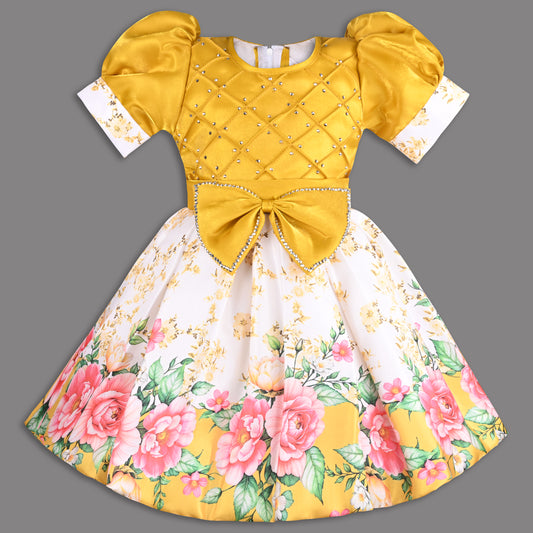 Girls Yellow Satin Party Dress with Floral Print & Bow Design