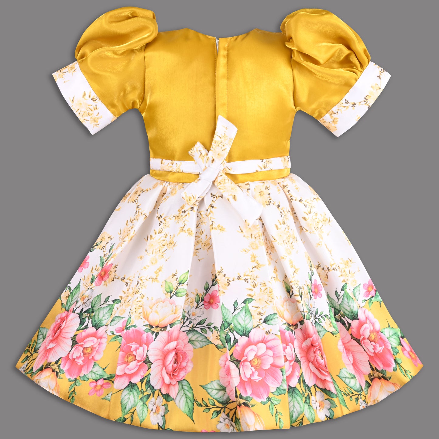 Girls Yellow Satin Party Dress with Floral Print & Bow Design