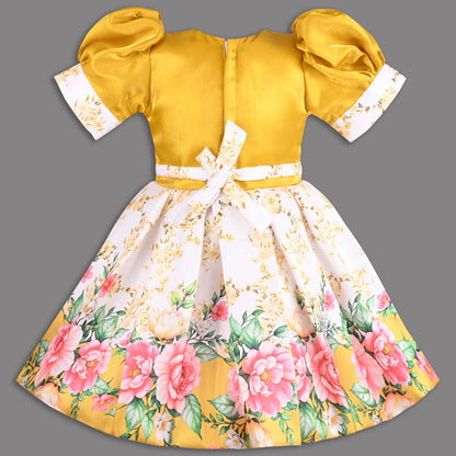 Girls Yellow Satin Party Dress with Floral Print & Bow Design