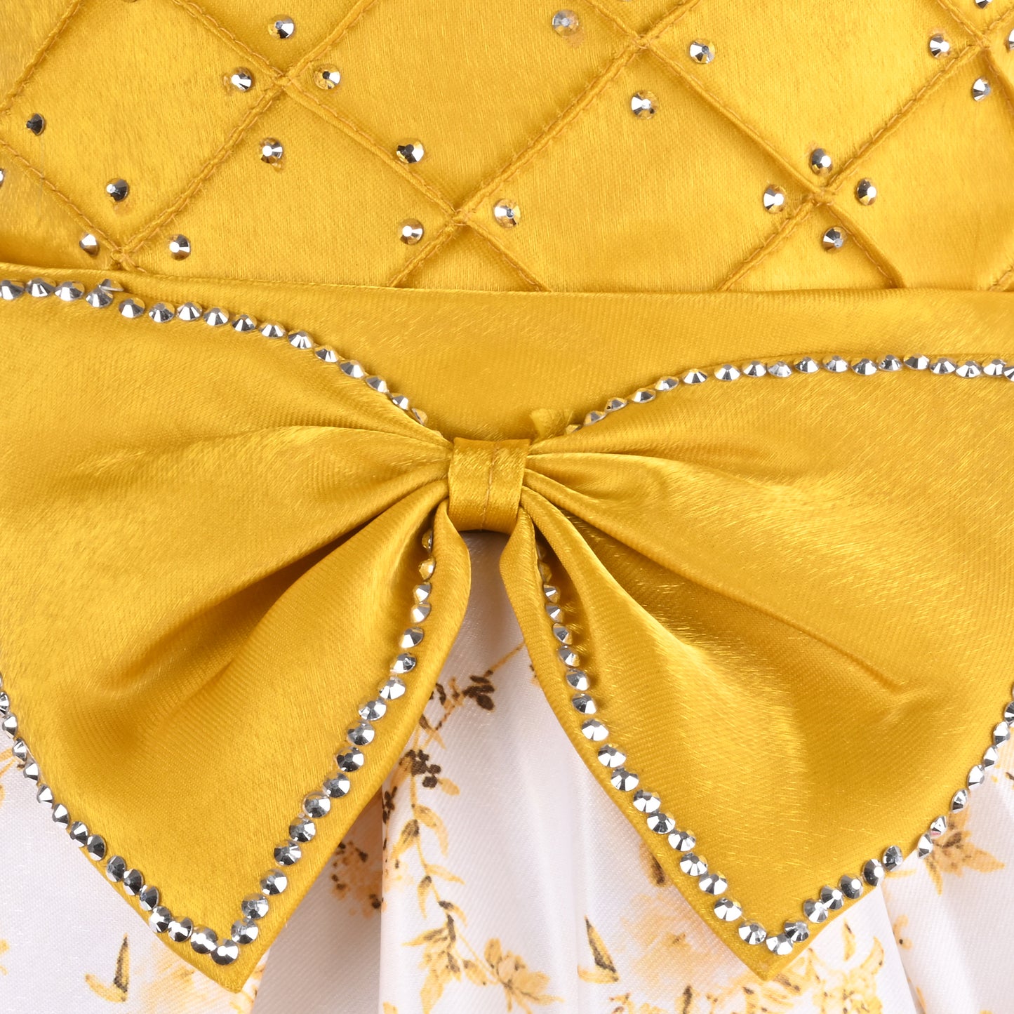 Girls Yellow Satin Party Dress with Floral Print & Bow Design