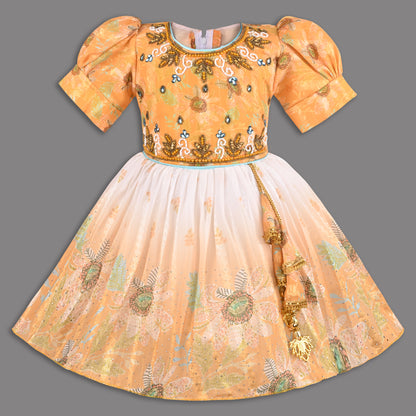 Girls Satin Party Wear Frock with Puff Sleeves & Floral Embroidery – Knee Length