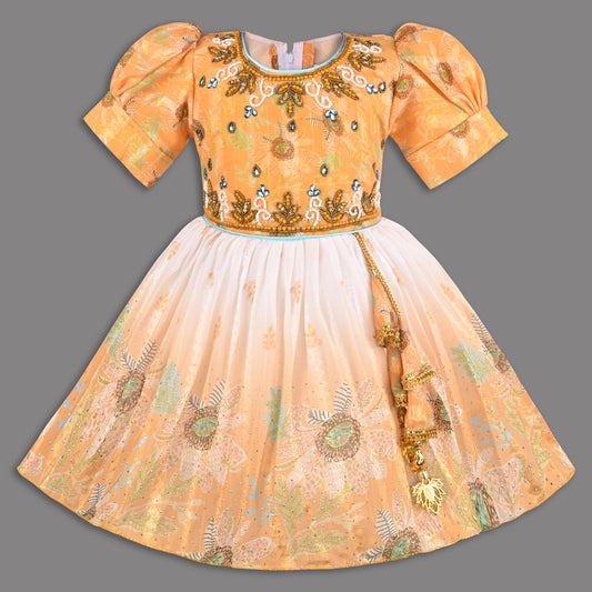 Girls Satin Party Wear Frock with Puff Sleeves & Floral Embroidery – Knee Length