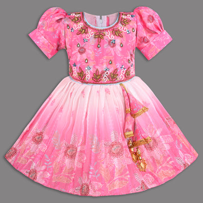 Girls Satin Party Wear Frock with Puff Sleeves & Floral Embroidery – Knee Length