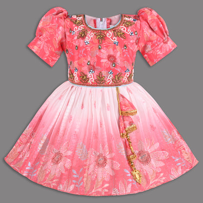 Girls Satin Party Wear Frock with Puff Sleeves & Floral Embroidery – Knee Length