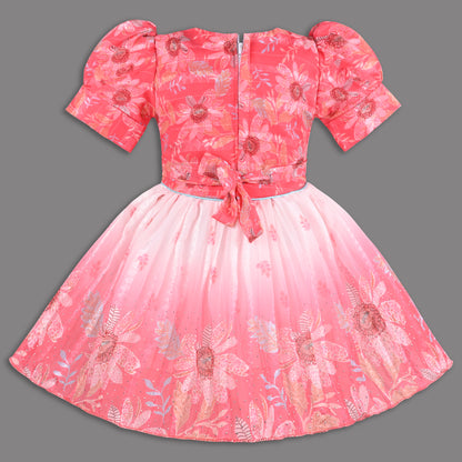 Girls Satin Party Wear Frock with Puff Sleeves & Floral Embroidery – Knee Length