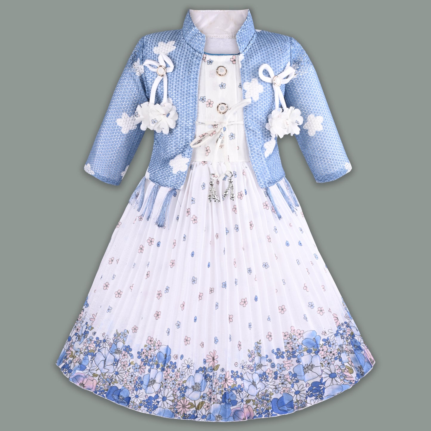 Baby Girls Georgette Party Wear Dress with Jacket | Floral Printed Frock