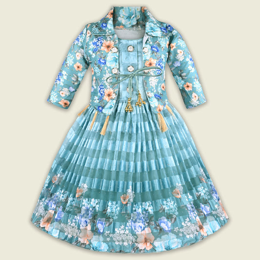 Girls Satin Party Gown with Floral Print Jacket Style