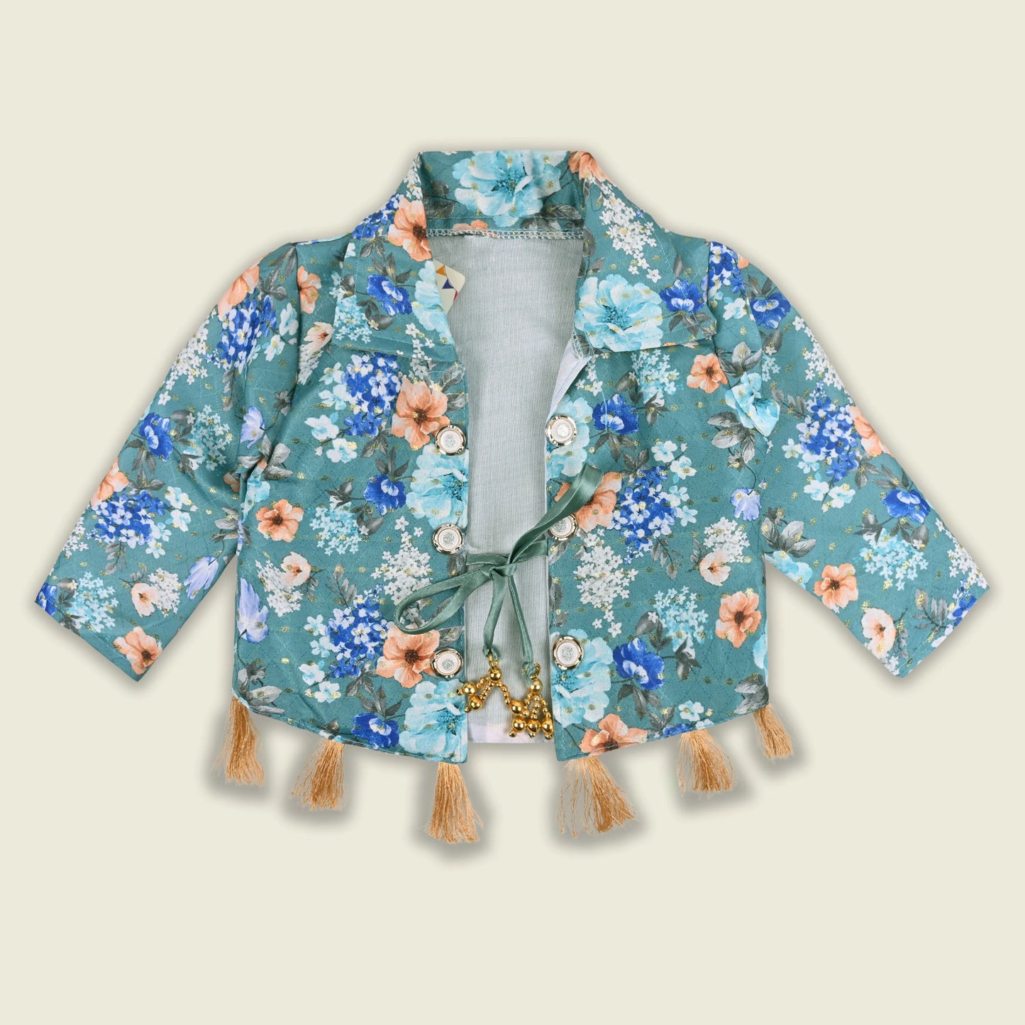 Girls Satin Party Gown with Floral Print Jacket Style
