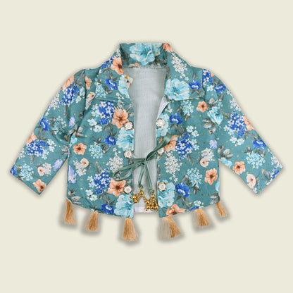 Girls Satin Party Gown with Floral Print Jacket Style