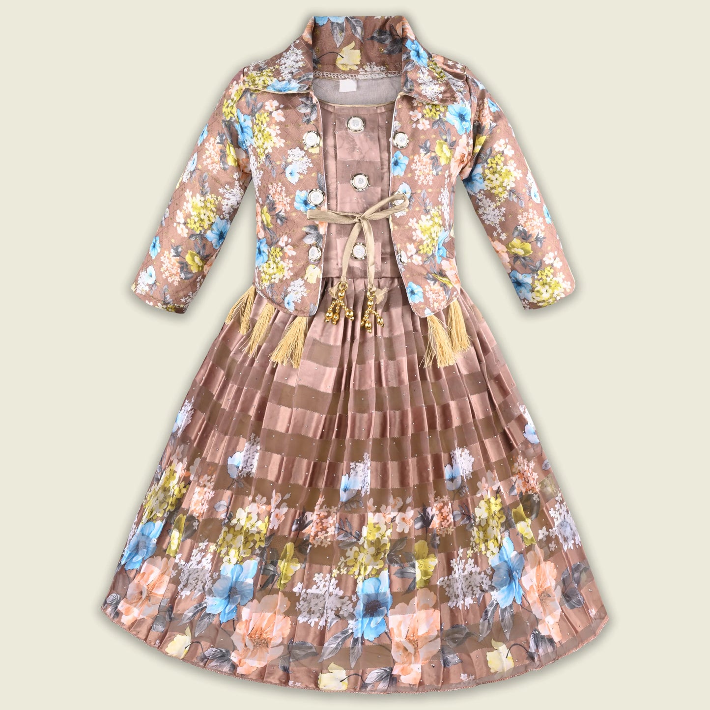 Girls Satin Party Gown with Floral Print Jacket Style