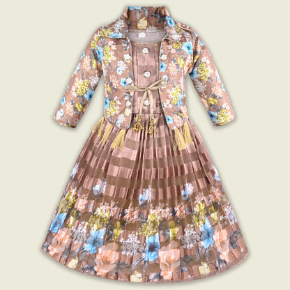 Girls Satin Party Gown with Floral Print Jacket Style
