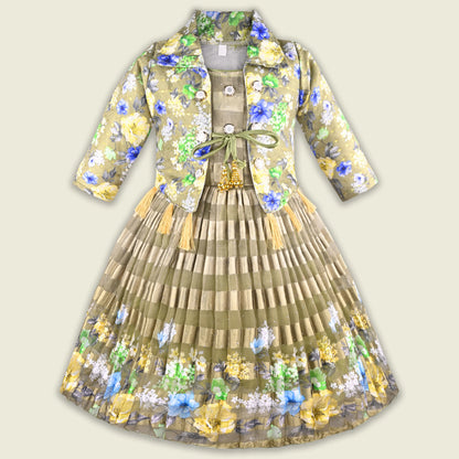 Girls Satin Party Gown with Floral Print Jacket Style