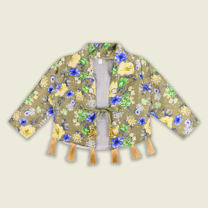 Girls Satin Party Gown with Floral Print Jacket Style