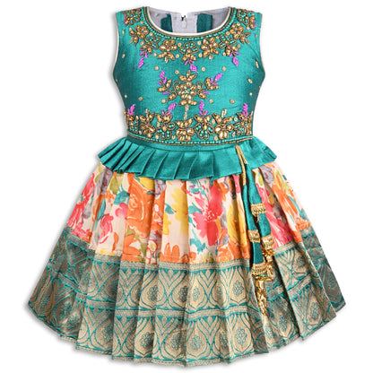 Girls Art Silk Embroidered Party Wear Frock – Sleeveless Floral & Zari Pattern Dress