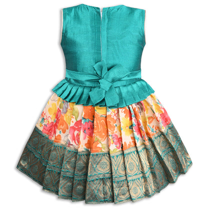 Girls Art Silk Embroidered Party Wear Frock – Sleeveless Floral & Zari Pattern Dress