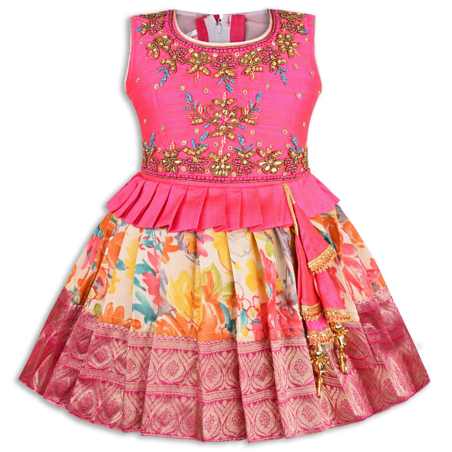 Girls Art Silk Embroidered Party Wear Frock – Sleeveless Floral & Zari Pattern Dress