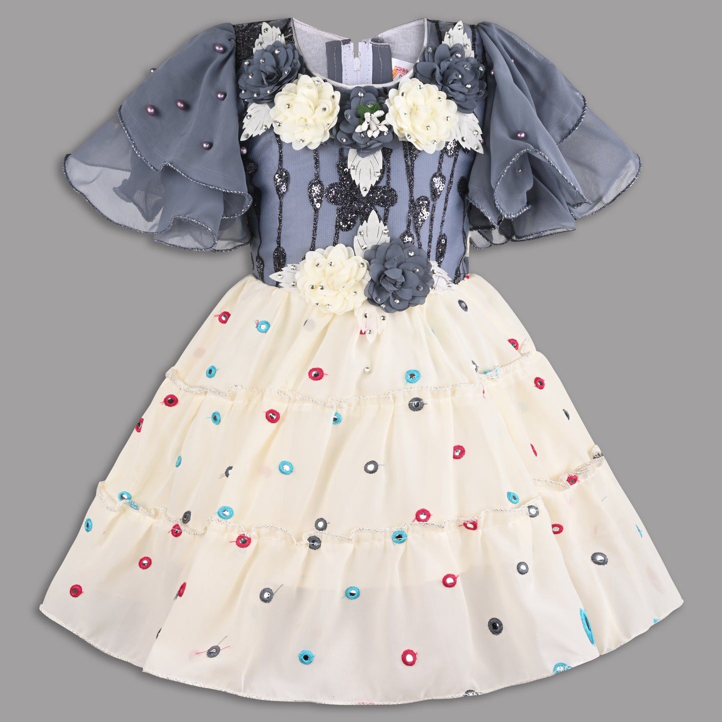 Girls Grey & Cream Georgette Party Dress with 3D Flowers & Flared Sleeves