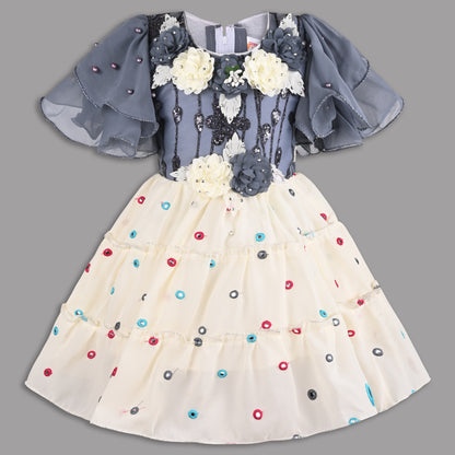Girls Grey & Cream Georgette Party Dress with 3D Flowers & Flared Sleeves