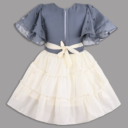 Girls Grey & Cream Georgette Party Dress with 3D Flowers & Flared Sleeves