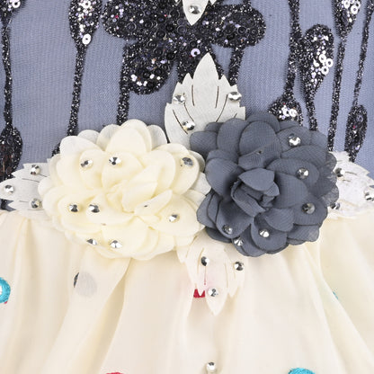 Girls Grey & Cream Georgette Party Dress with 3D Flowers & Flared Sleeves