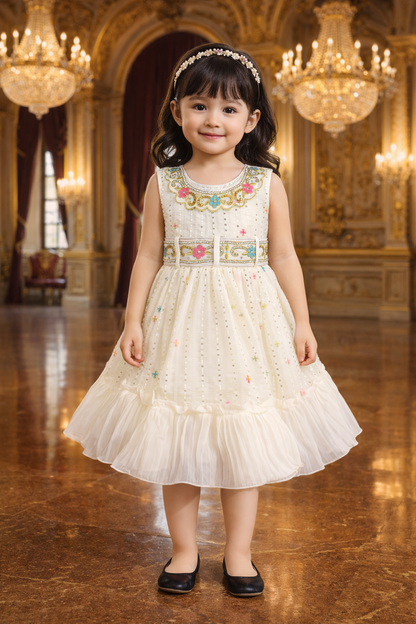 White Georgette Sleeveless Baby Girl Dress with Floral Embroidery