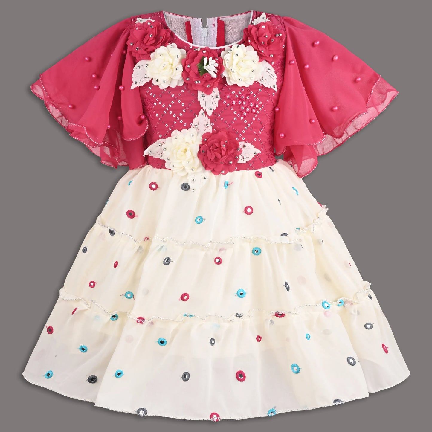 Girls Georgette Party Dress with Floral Appliqué & Layered Skirt