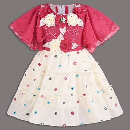 Girls Georgette Party Dress with Floral Appliqué & Layered Skirt