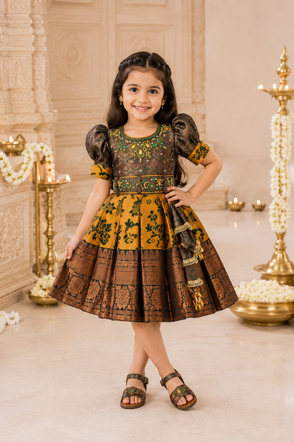 Girls Art Silk Pattu Frock â€“ Green & Mustard Traditional Dress with Embroidery and Zari Border