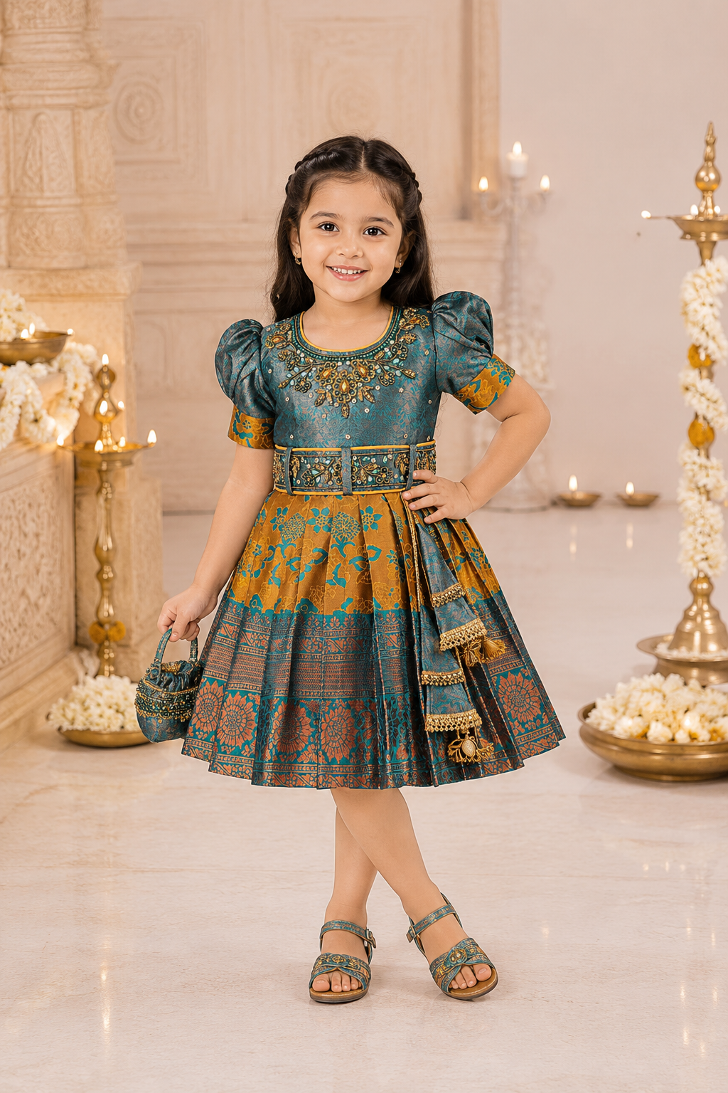 Girls Art Silk Pattu Frock â€“ Green & Mustard Traditional Dress with Embroidery and Zari Border