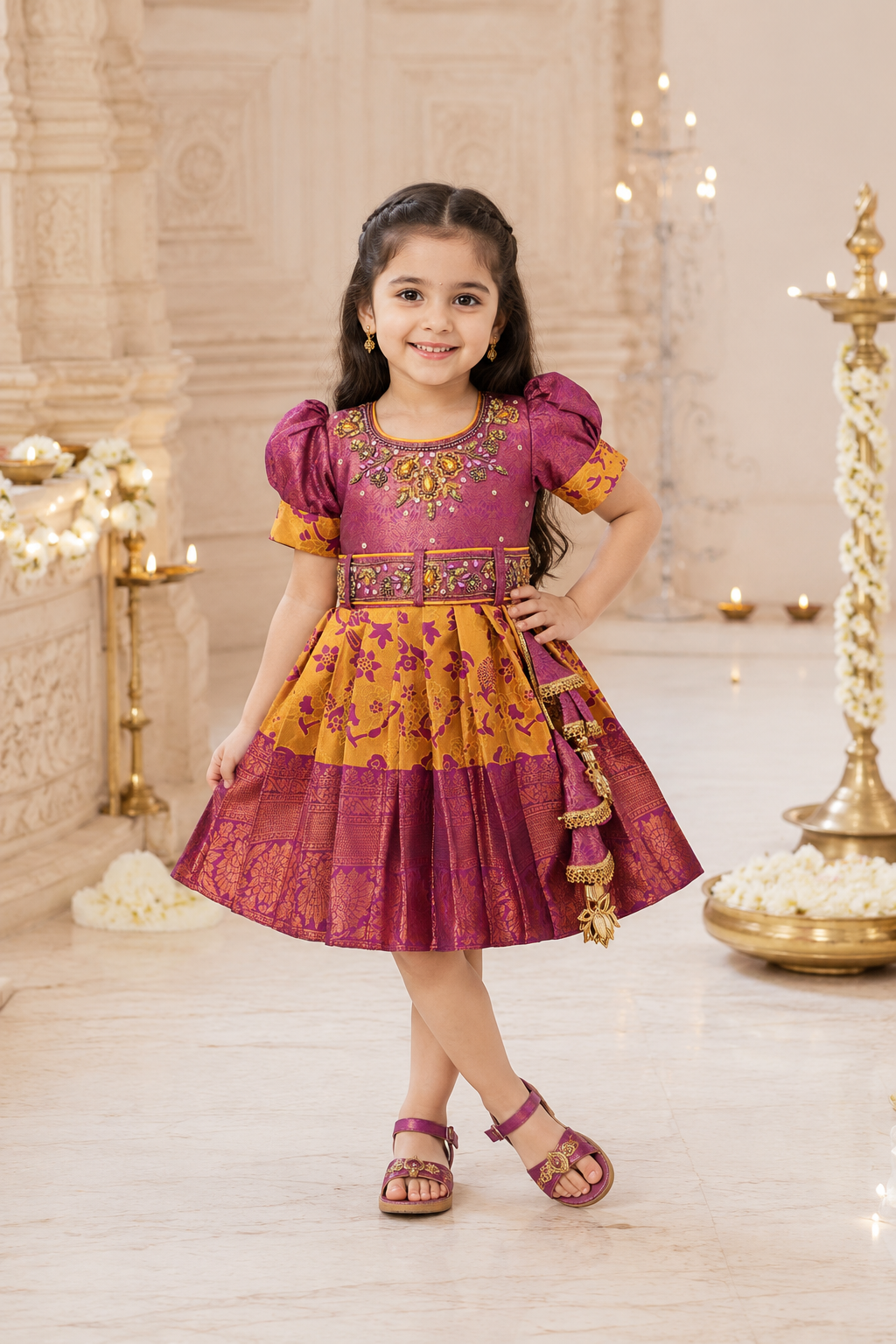 Girls Art Silk Pattu Frock â€“ Green & Mustard Traditional Dress with Embroidery and Zari Border