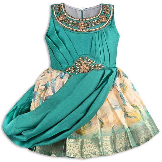 Girls Satin Party Dress with Embroidered Neck & Floral Print Skirt