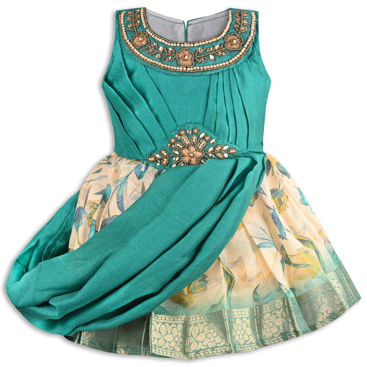 Girls Satin Party Dress with Embroidered Neck & Floral Print Skirt