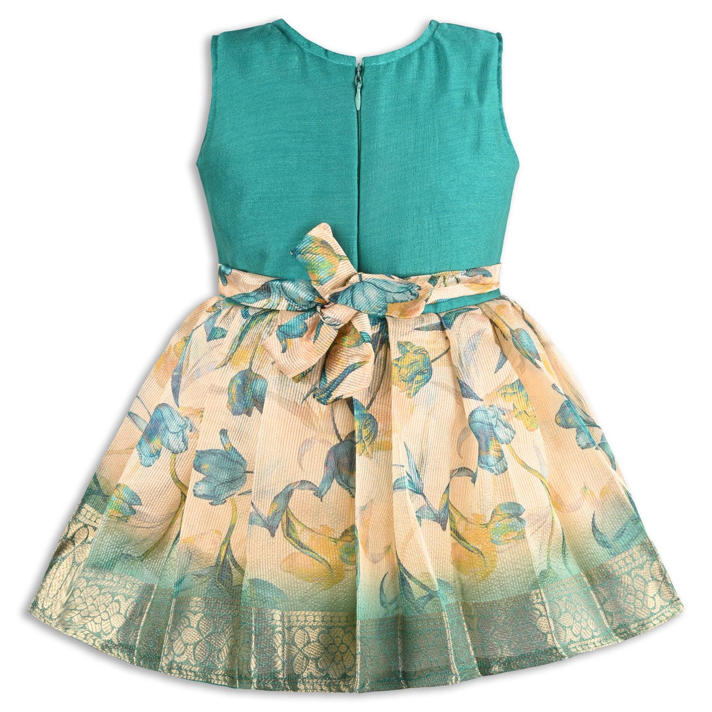 Girls Satin Party Dress with Embroidered Neck & Floral Print Skirt