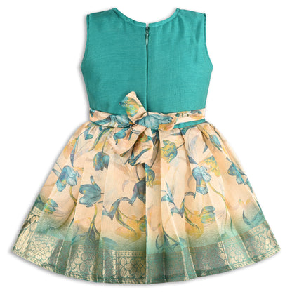 Girls Satin Party Dress with Embroidered Neck & Floral Print Skirt