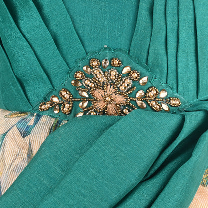 Girls Satin Party Dress with Embroidered Neck & Floral Print Skirt