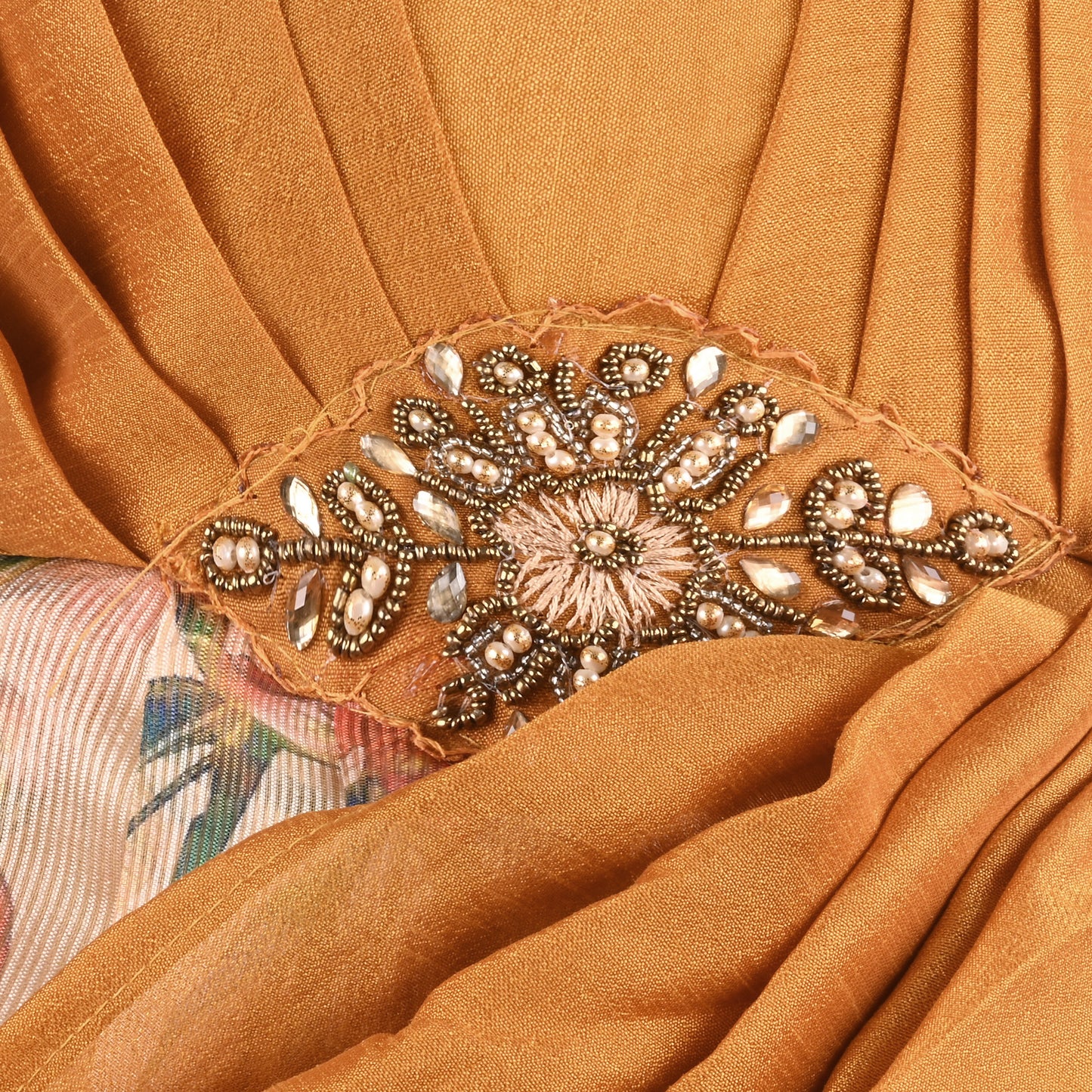 Girls Satin Party Dress with Embroidered Neck & Floral Print Skirt