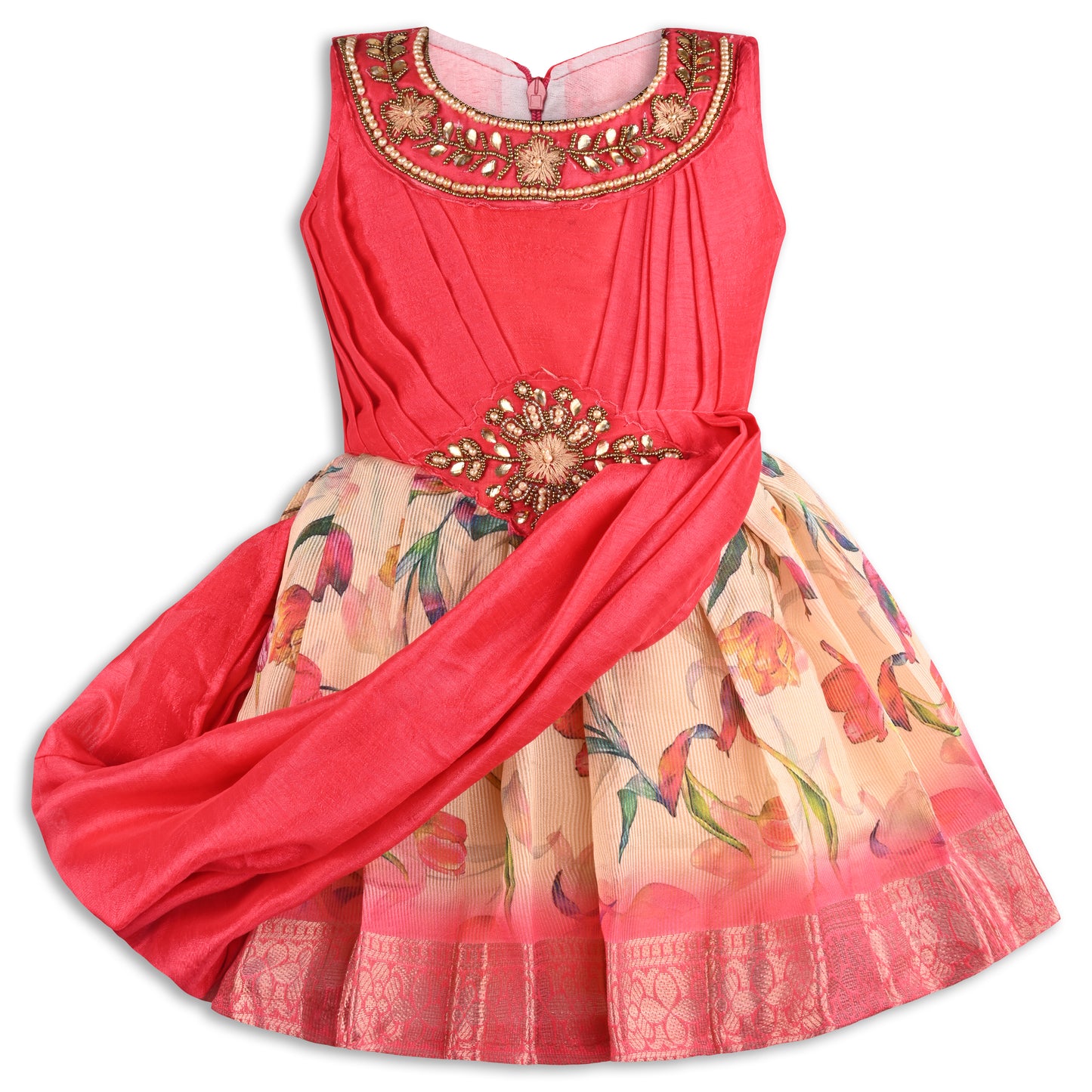 Girls Satin Party Dress with Embroidered Neck & Floral Print Skirt