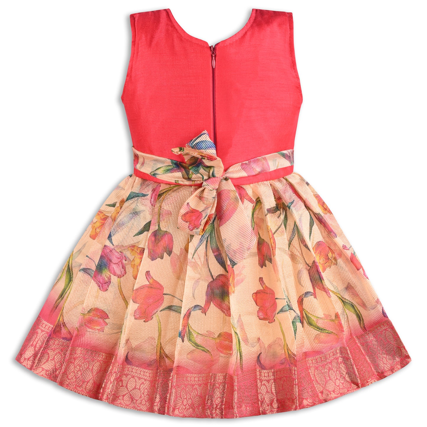 Girls Satin Party Dress with Embroidered Neck & Floral Print Skirt