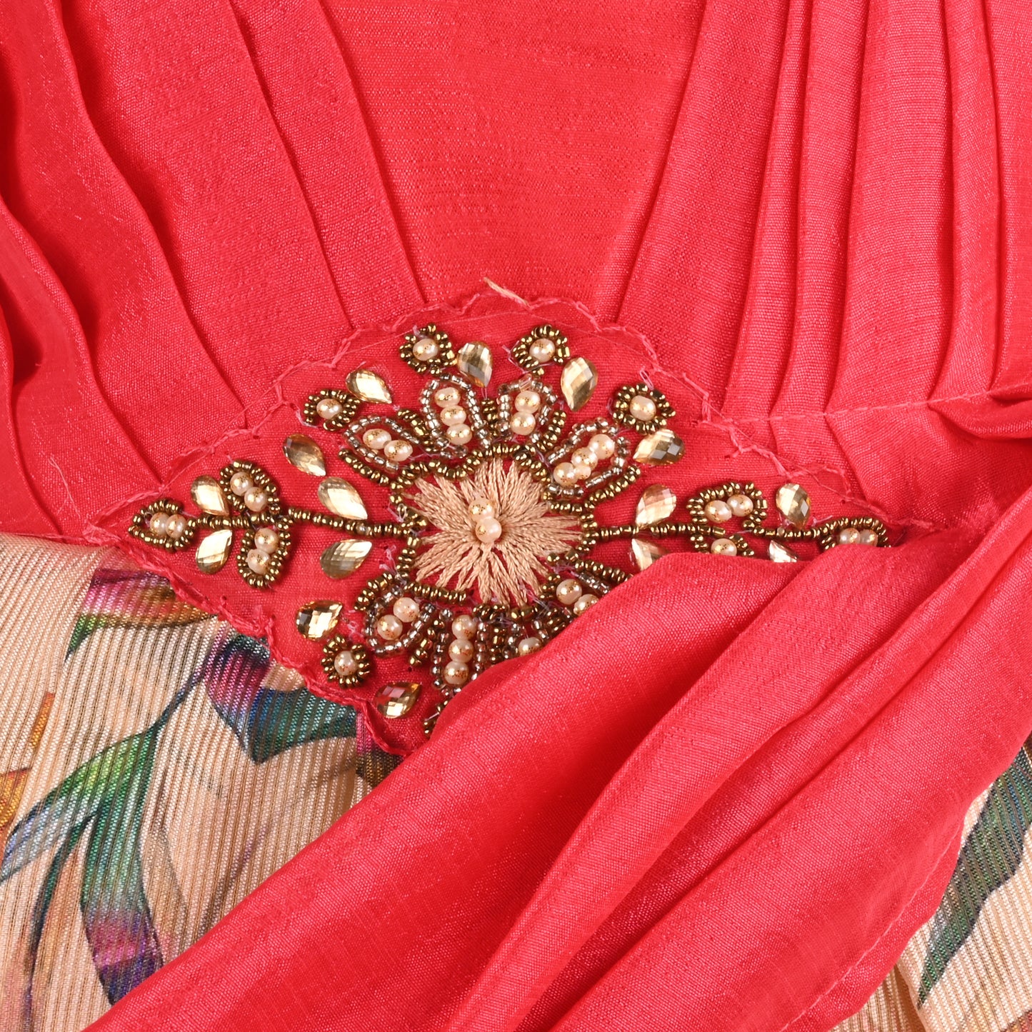 Girls Satin Party Dress with Embroidered Neck & Floral Print Skirt