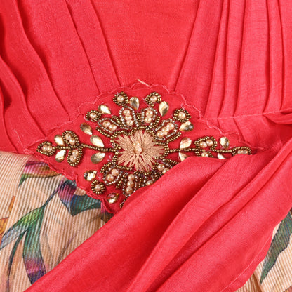 Girls Satin Party Dress with Embroidered Neck & Floral Print Skirt