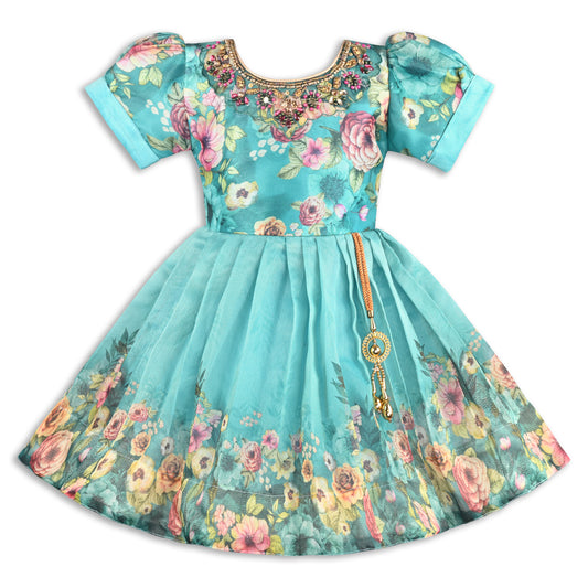 Baby Girls Satin Party Wear Dress | Floral Printed Frock with Heavy Neck Embroidery & Puff Sleeves | Wedding & Birthday Outfit