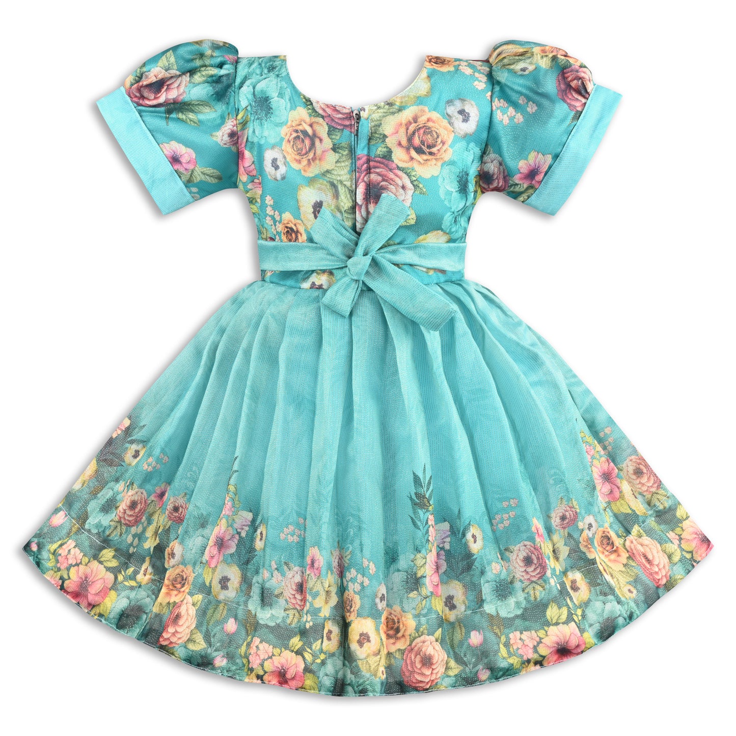 Baby Girls Satin Party Wear Dress | Floral Printed Frock with Heavy Neck Embroidery & Puff Sleeves | Wedding & Birthday Outfit