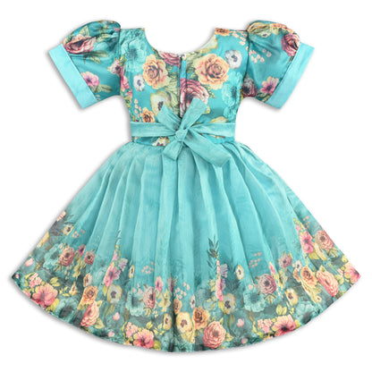 Baby Girls Satin Party Wear Dress | Floral Printed Frock with Heavy Neck Embroidery & Puff Sleeves | Wedding & Birthday Outfit
