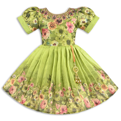 Baby Girls Satin Party Wear Dress | Floral Printed Frock with Heavy Neck Embroidery & Puff Sleeves | Wedding & Birthday Outfit