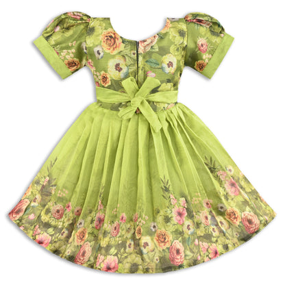 Baby Girls Satin Party Wear Dress | Floral Printed Frock with Heavy Neck Embroidery & Puff Sleeves | Wedding & Birthday Outfit